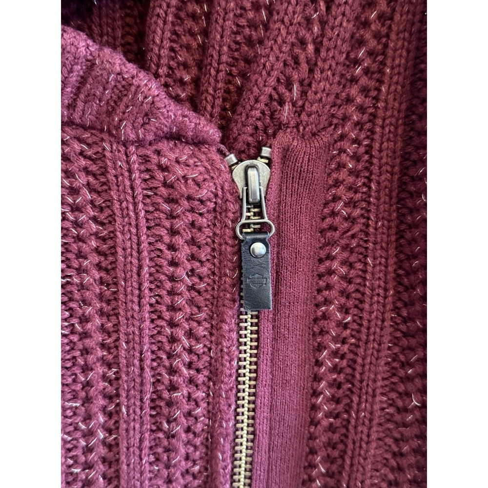 Harley Davidson Womens Burgundy Ribbed Metallic Zip Up Cardigan Sweater Size Lg‎ - Picture 3 of 6